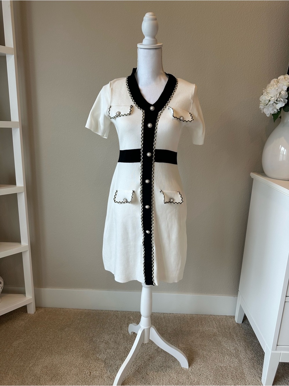 Chicwish White Dress with Black Trim & Pearl Buttons